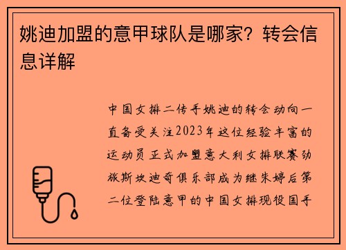 姚迪加盟的意甲球队是哪家？转会信息详解